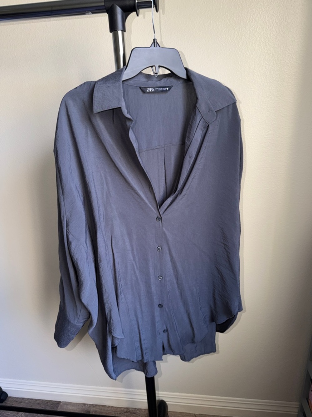 Zara Slate Bluish Gray Draped Button-Up Shirt